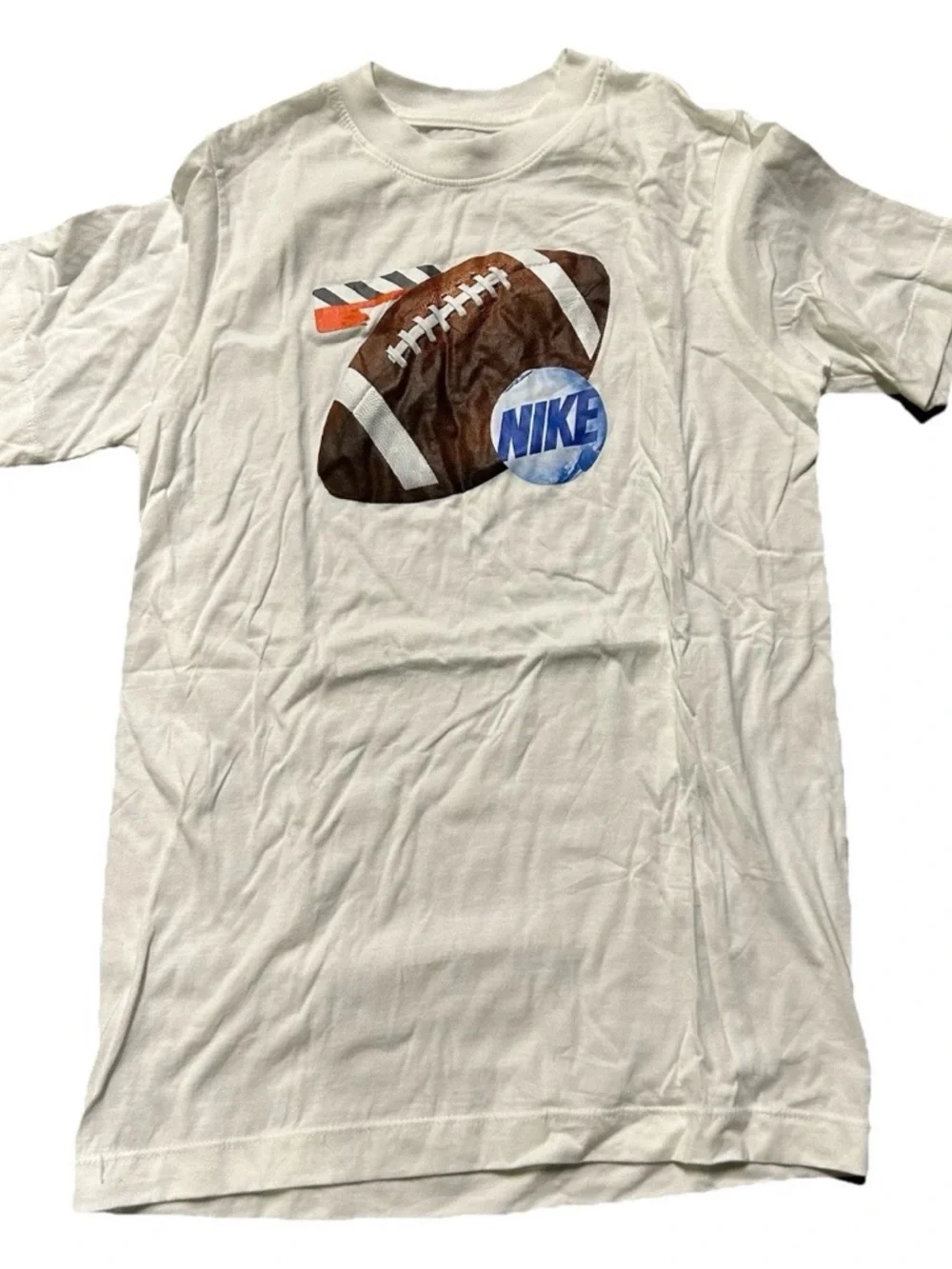 Nike White Tee with Brown Football and Blue Logo